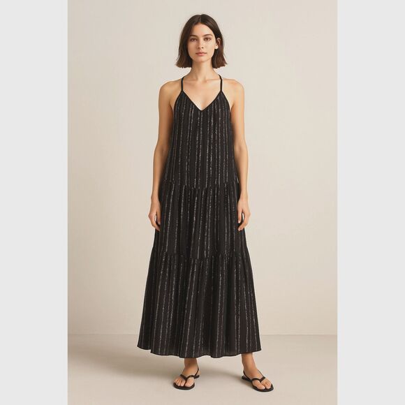 ZARA Black SIlver Metallic Oversized Stripe Maxi Racerback Dress Women's Size XS - Picture 1 of 10